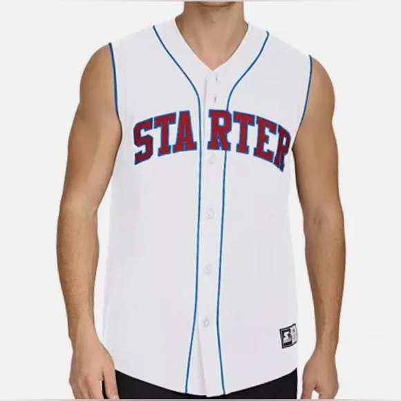 Starter Men's Logo Embroidered Sleeveless Button-Down Baseball Jersey White- NWT - Picture 2 of 5